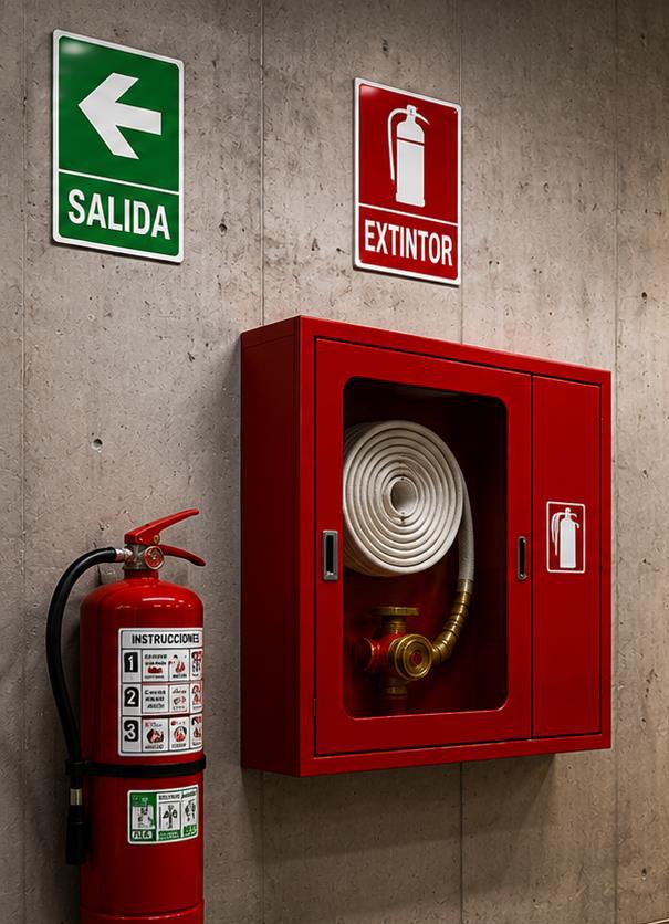 Señalización de seguridad y gabinete contra incendios